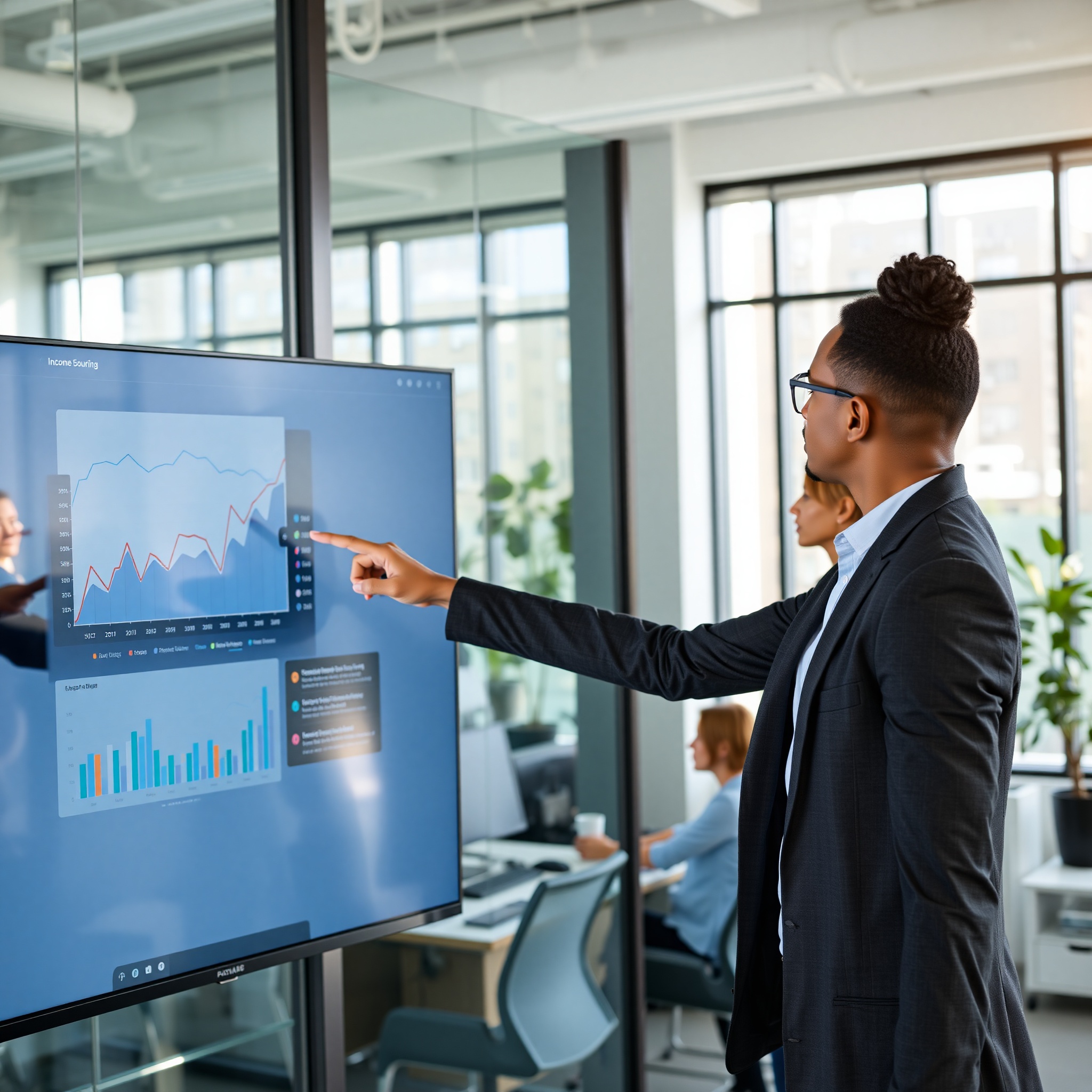 Professional showing growth charts representing multiple income streams on digital dashboard