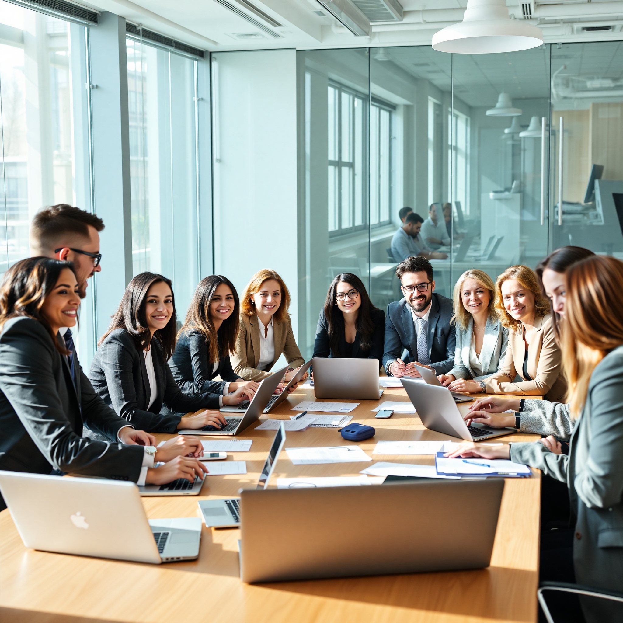 Diverse group of Canadian professionals collaborating in modern office space discussing financial strategy and business growth