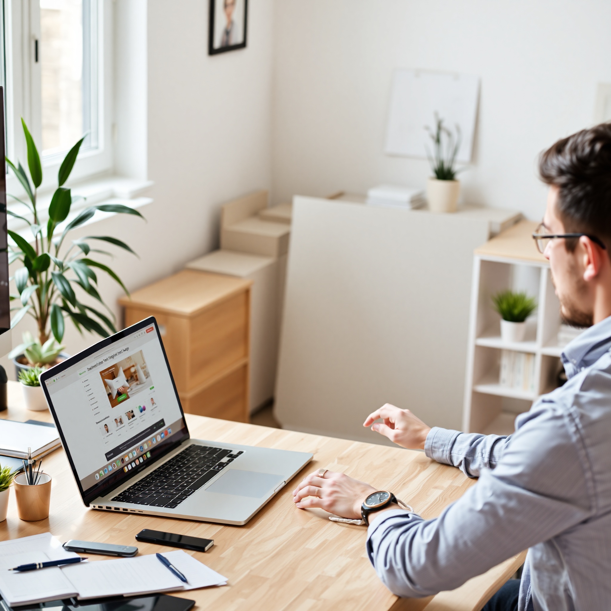 Entrepreneur starting online business with laptop showing e-commerce setup, minimal startup materials on desk demonstrating low capital requirements