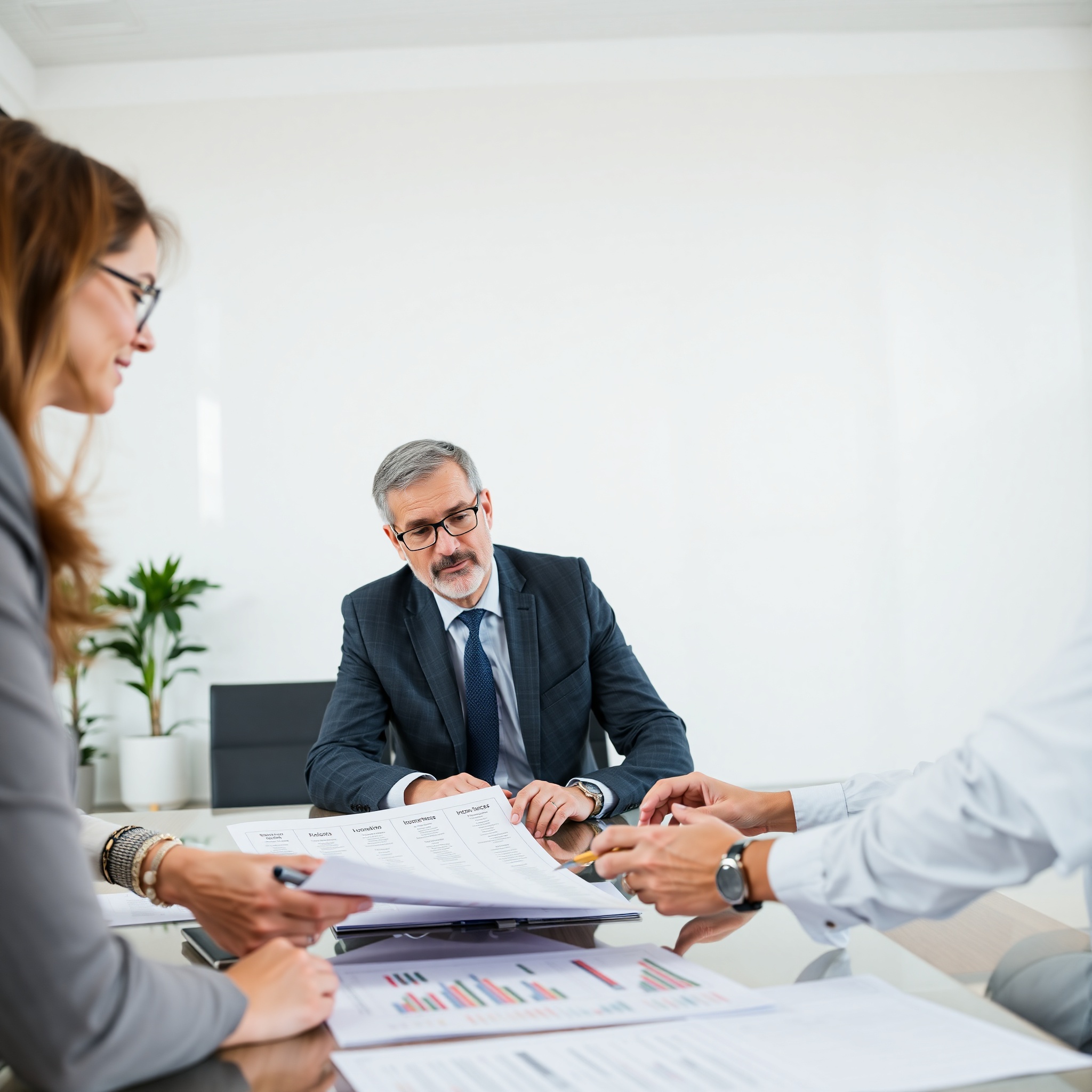 Professional financial advisor discussing investment portfolio diversification with client at modern office desk with charts and graphs visible