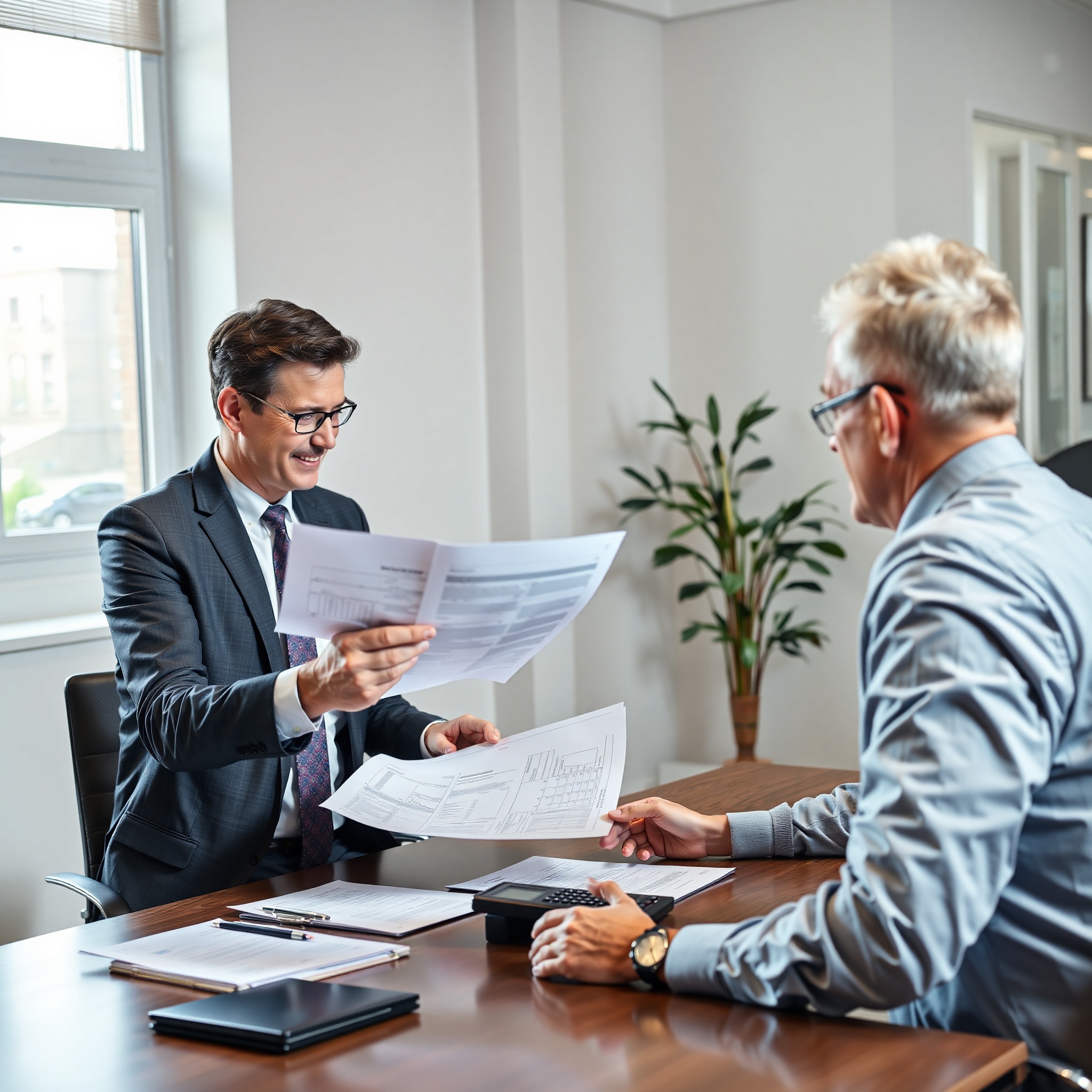 Financial advisor explaining tax optimization strategy to client using charts and documents