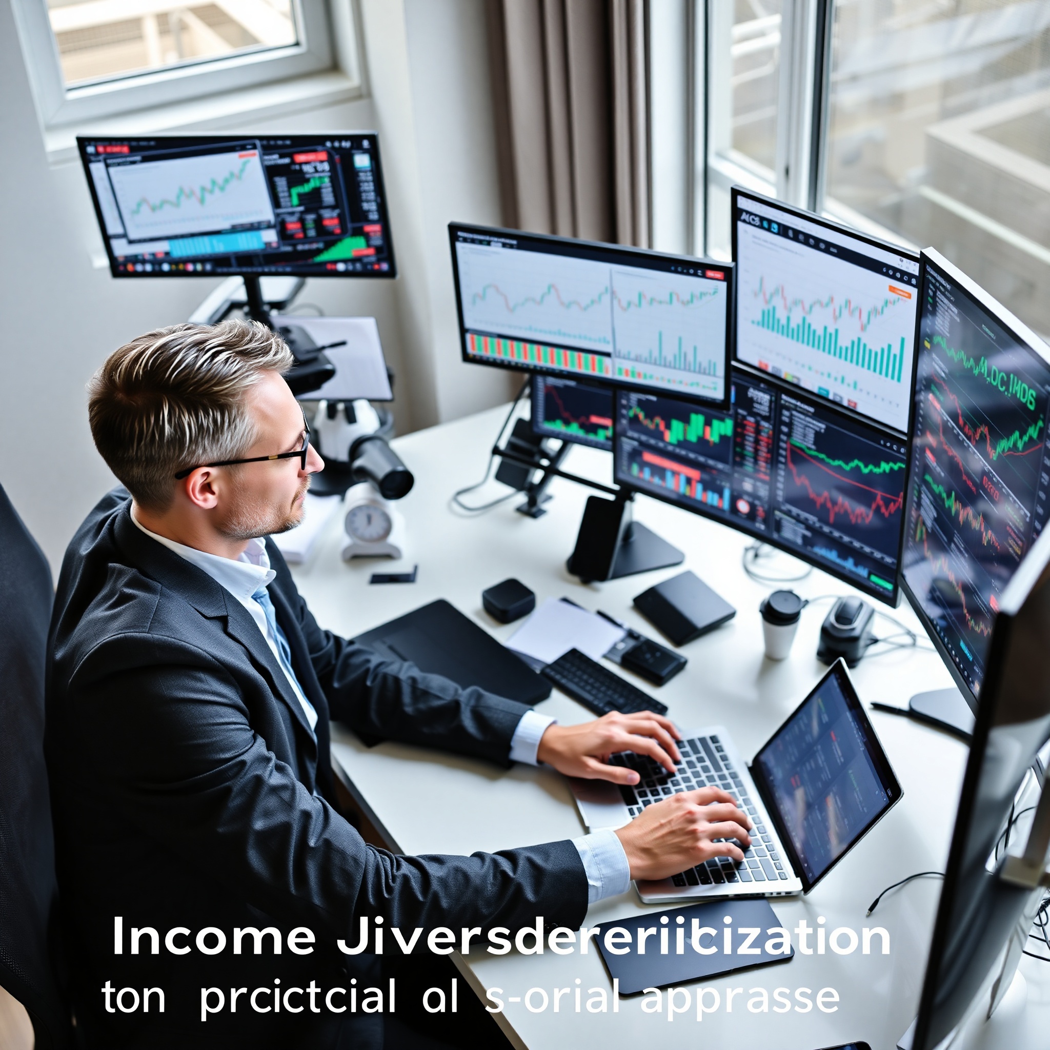 Professional business person analyzing financial data on laptop with investment portfolio charts visible on screen