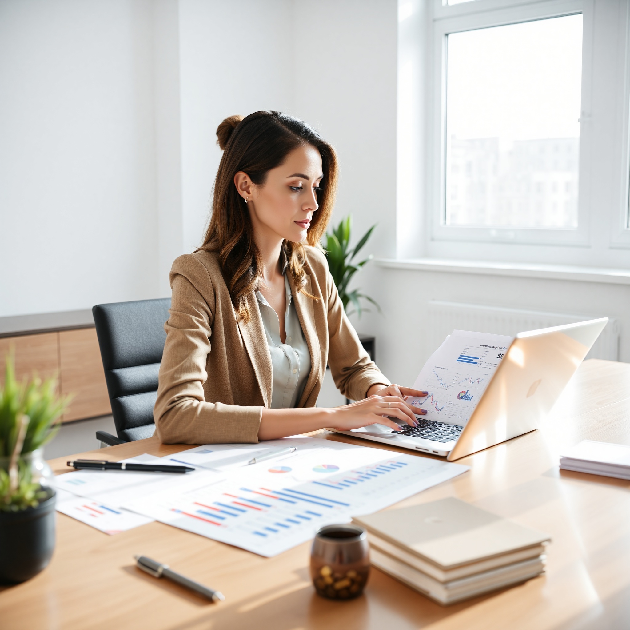 Professional business person reviewing investment portfolio on laptop in modern office setting