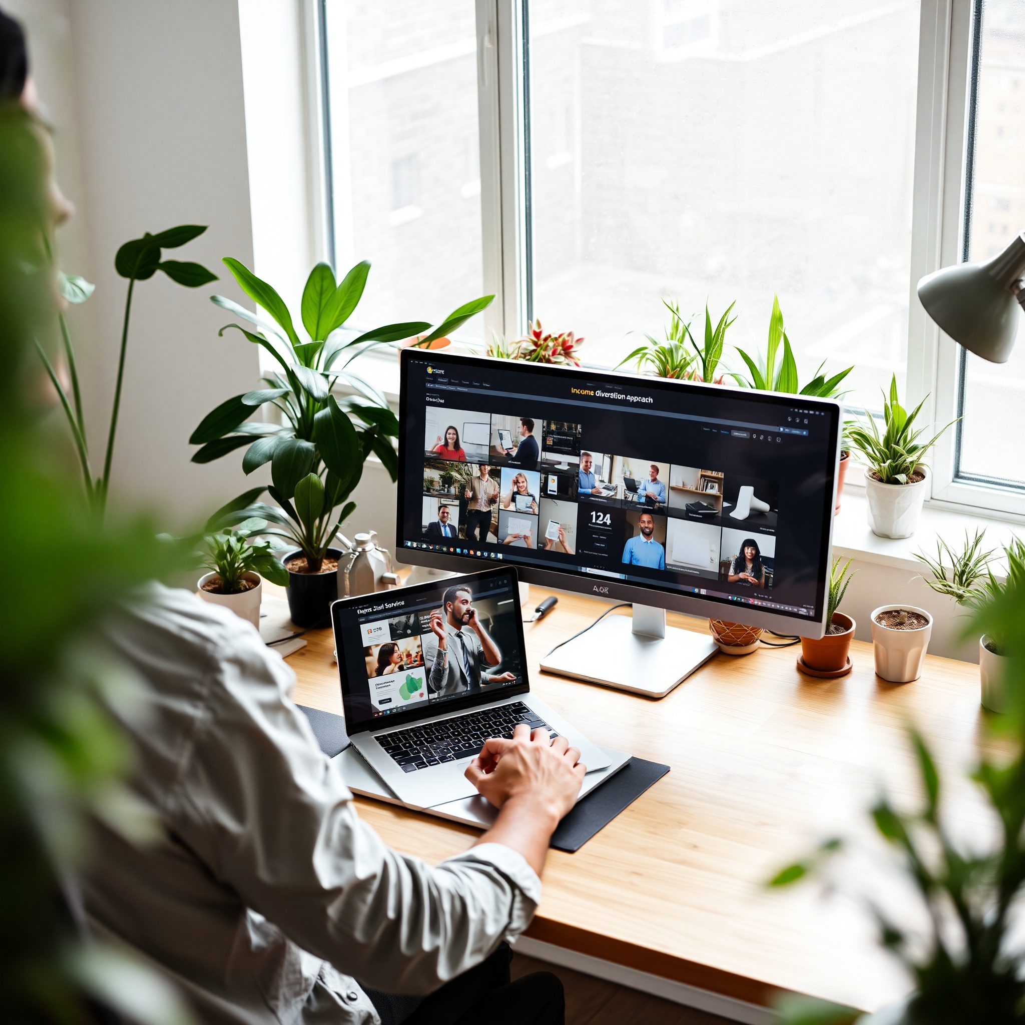 Freelance professional working on laptop at home office setup with portfolio displayed, modern workspace with plants and natural lighting