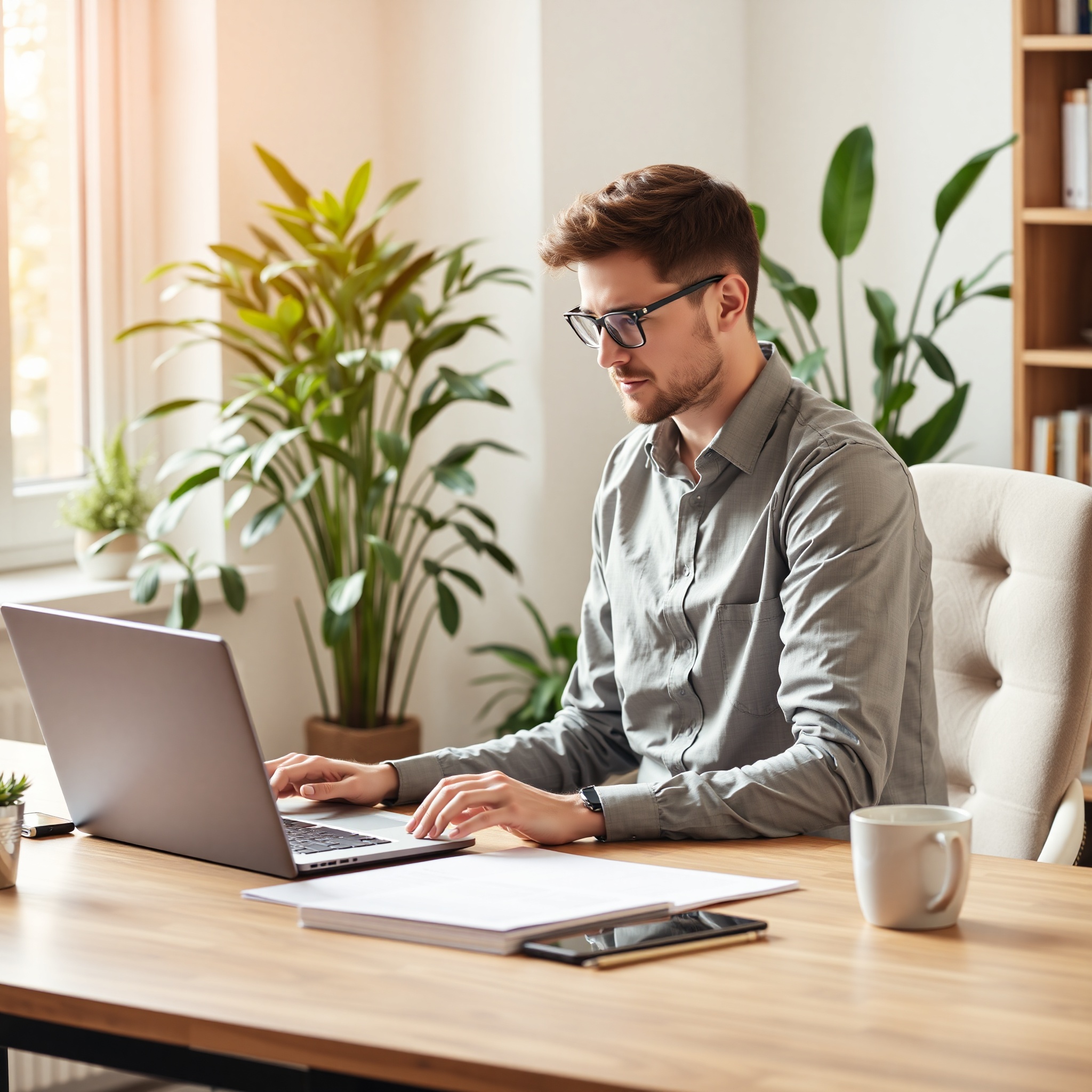 Freelancer working on laptop with coffee at home office desk with plants and natural lighting