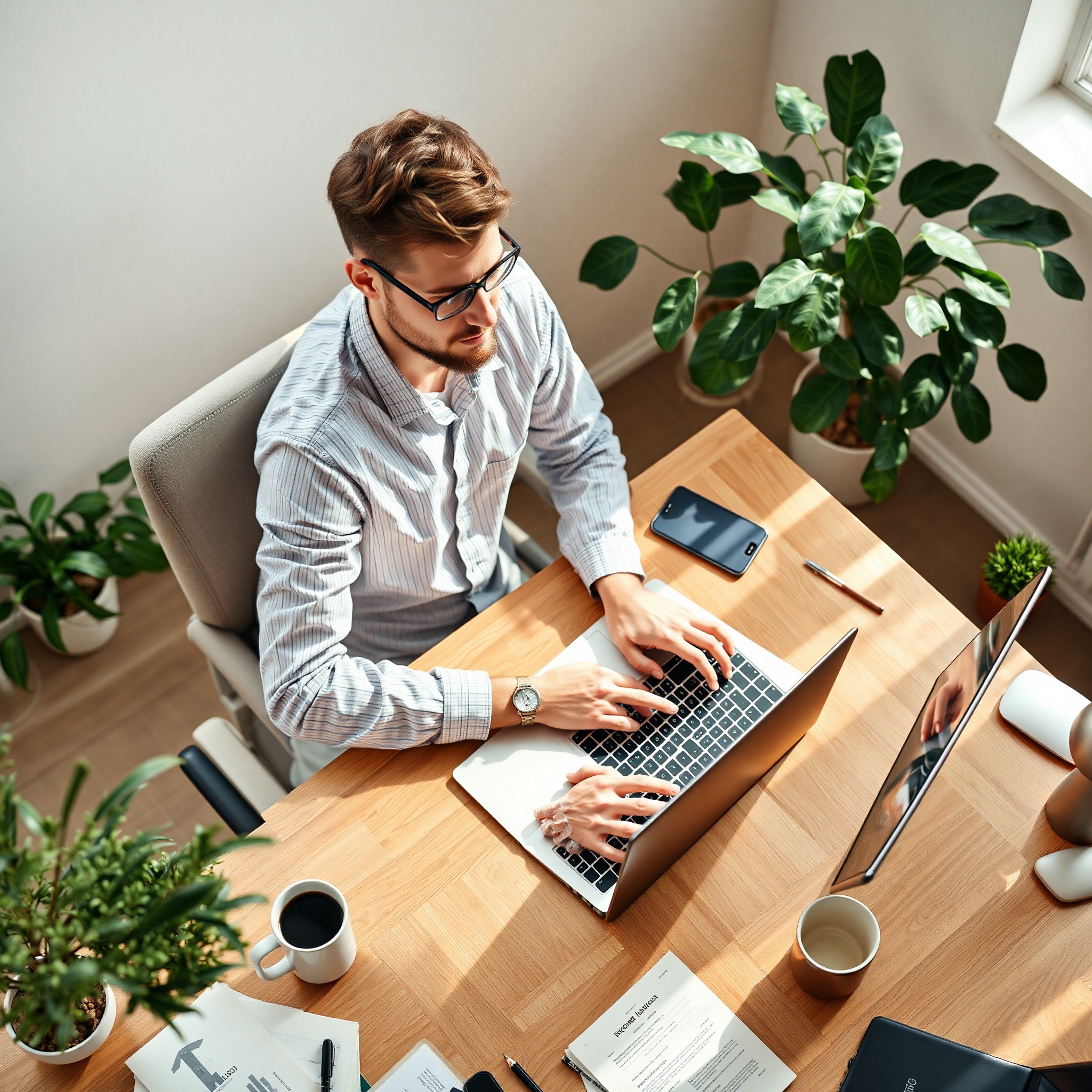 Freelancer working on laptop with coffee at home office desk with plants and natural lighting