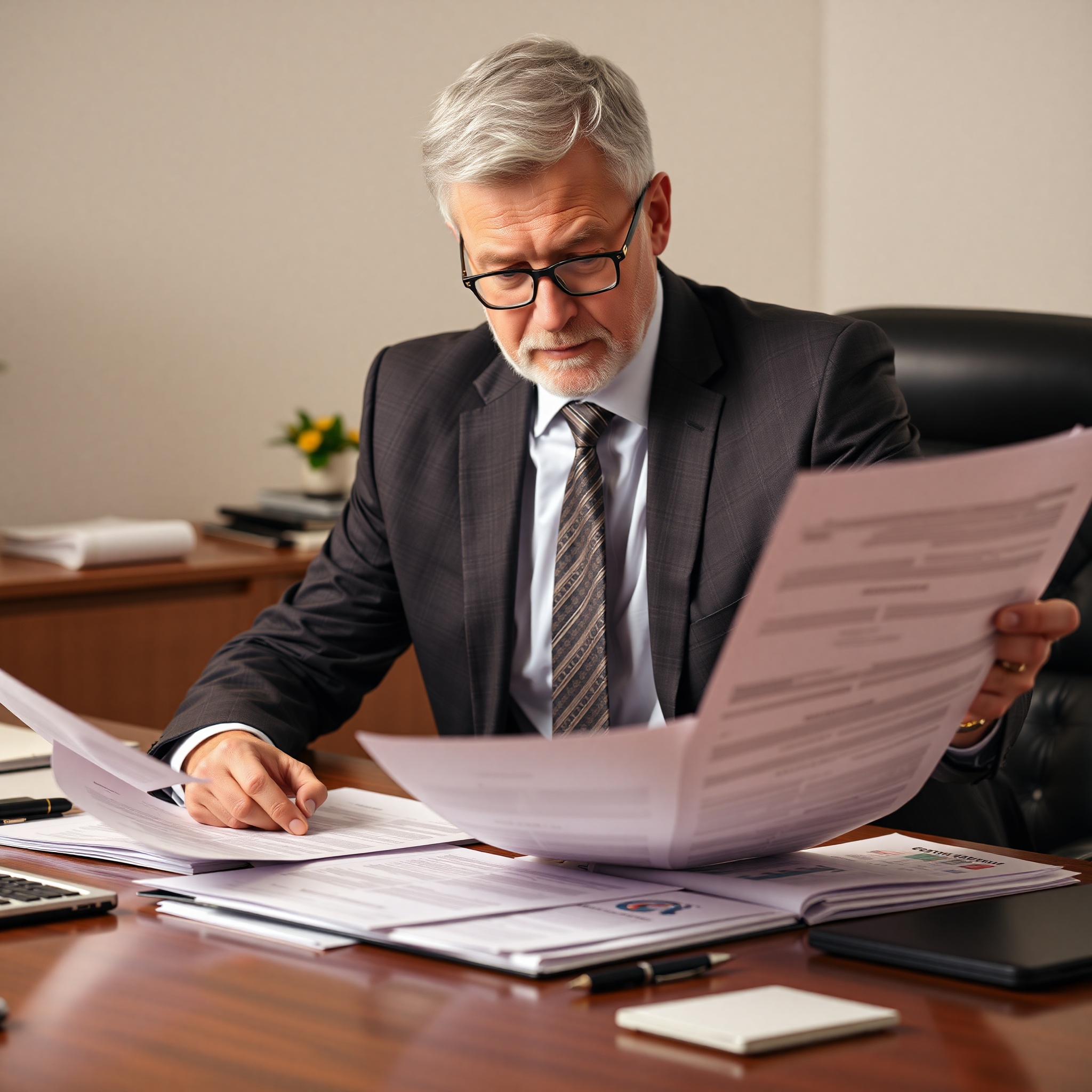 Business professional analyzing real estate investment property details at wooden desk