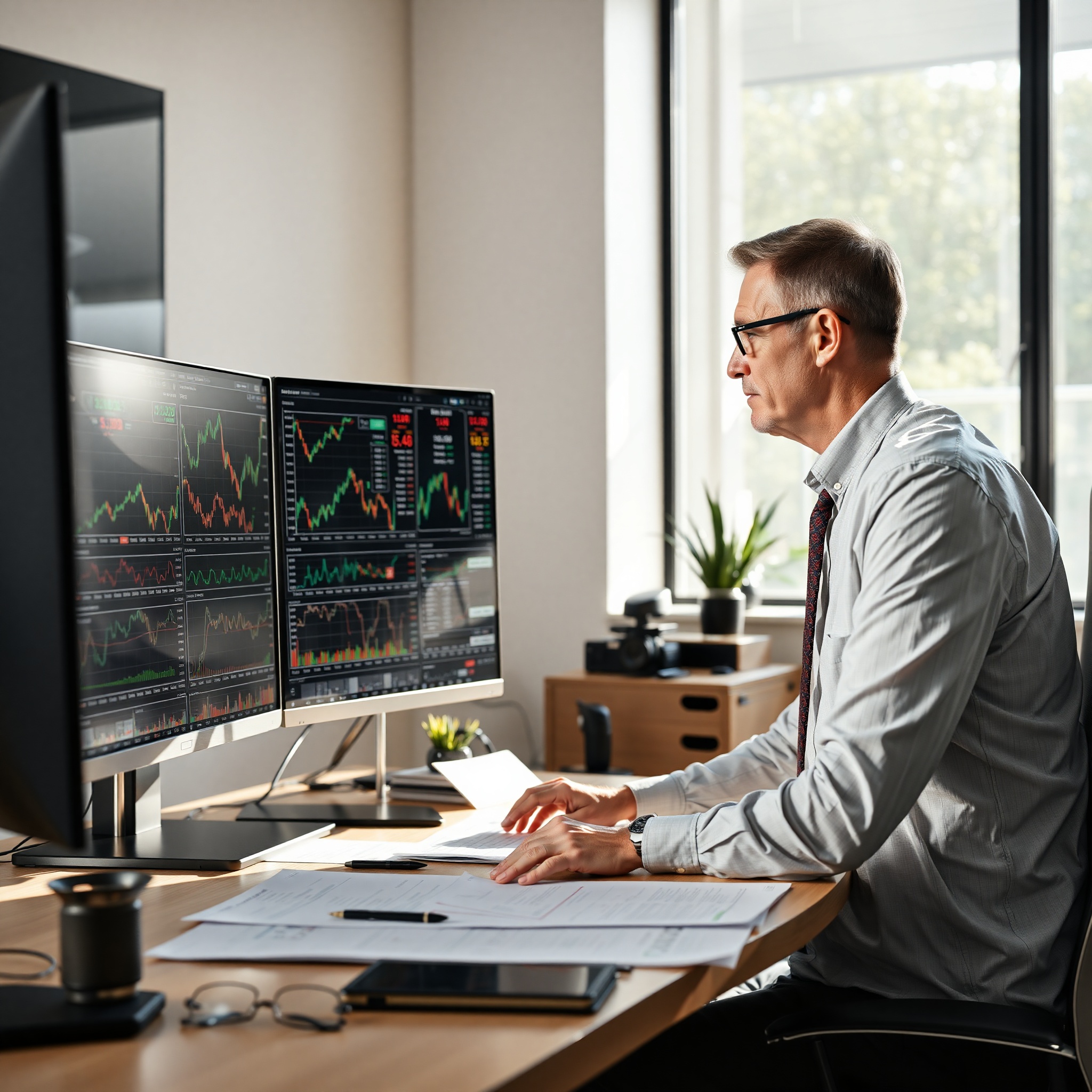 Professional investor analyzing dividend portfolio data on computer screen in modern office