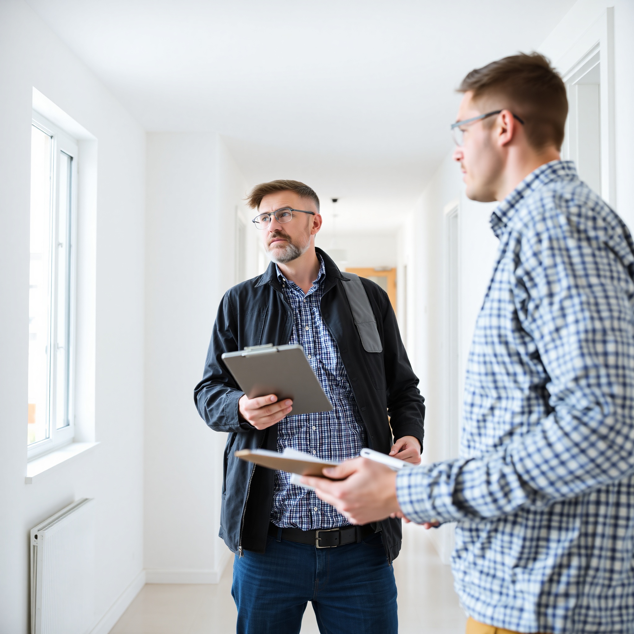 Professional property manager conducting thorough building inspection with clipboard, assessing maintenance requirements in well-maintained residential property hallway