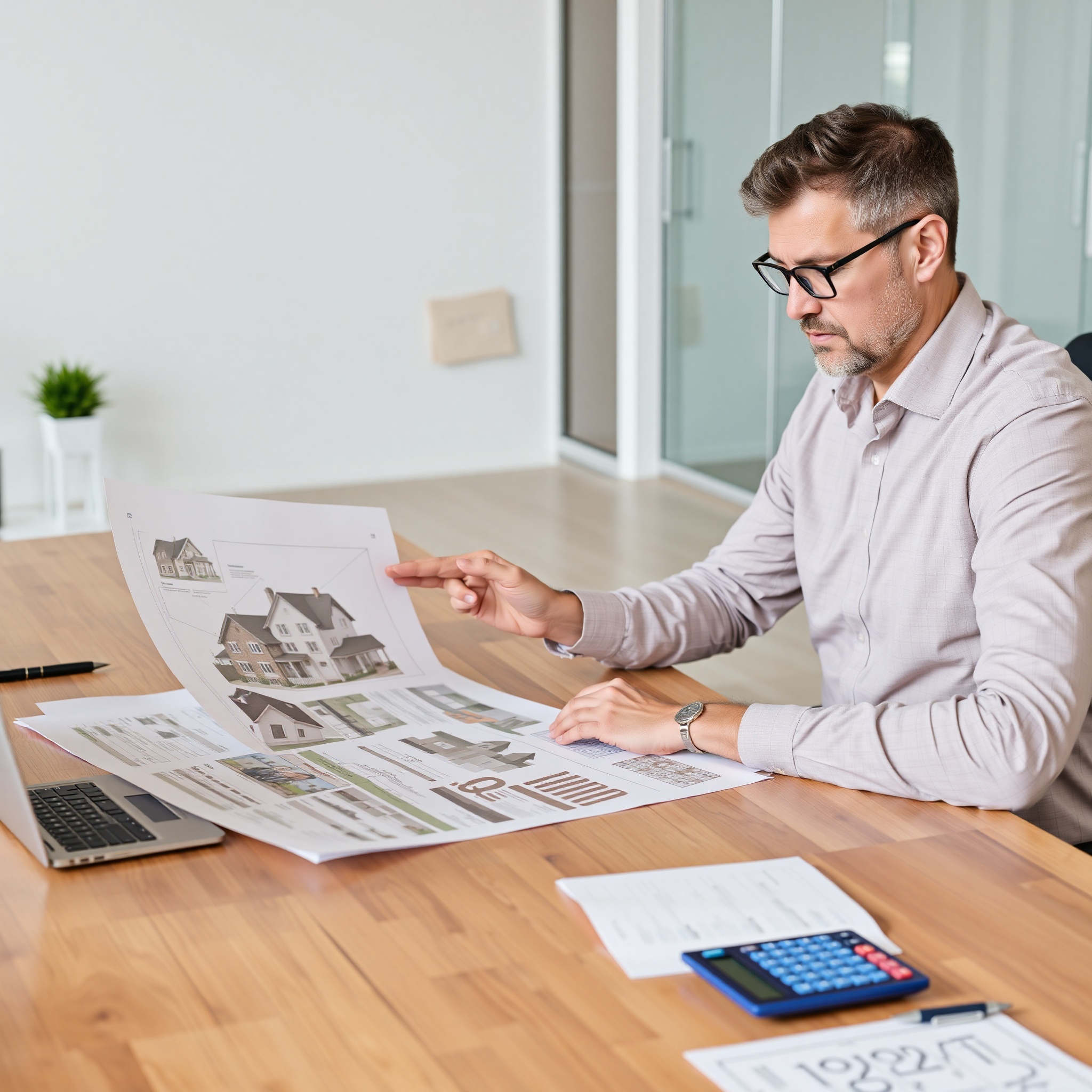 Business professional analyzing real estate investment property details at wooden desk