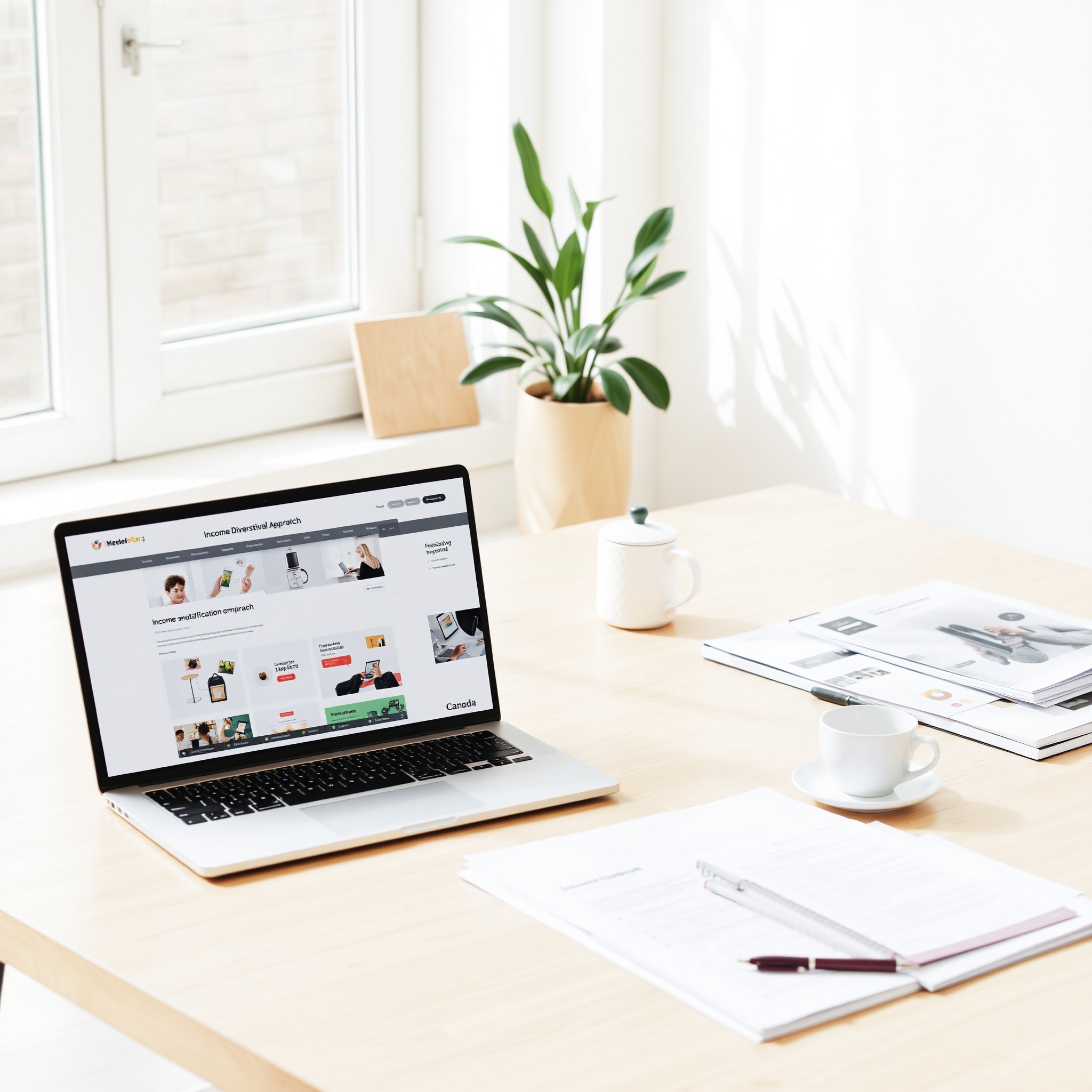 Entrepreneur launching online business with laptop, digital products, and business plan on desk