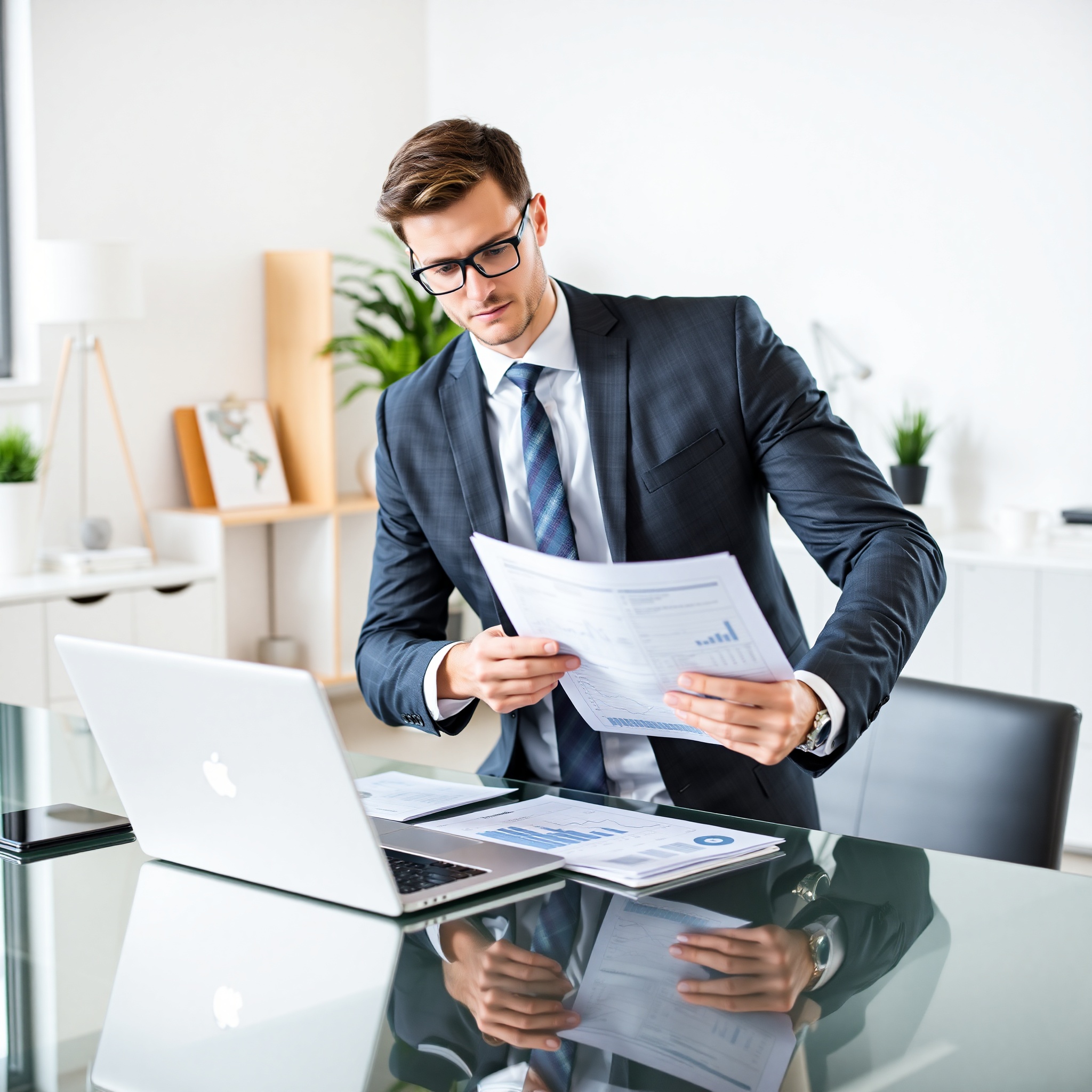 Professional business person reviewing investment portfolio on laptop in modern office setting