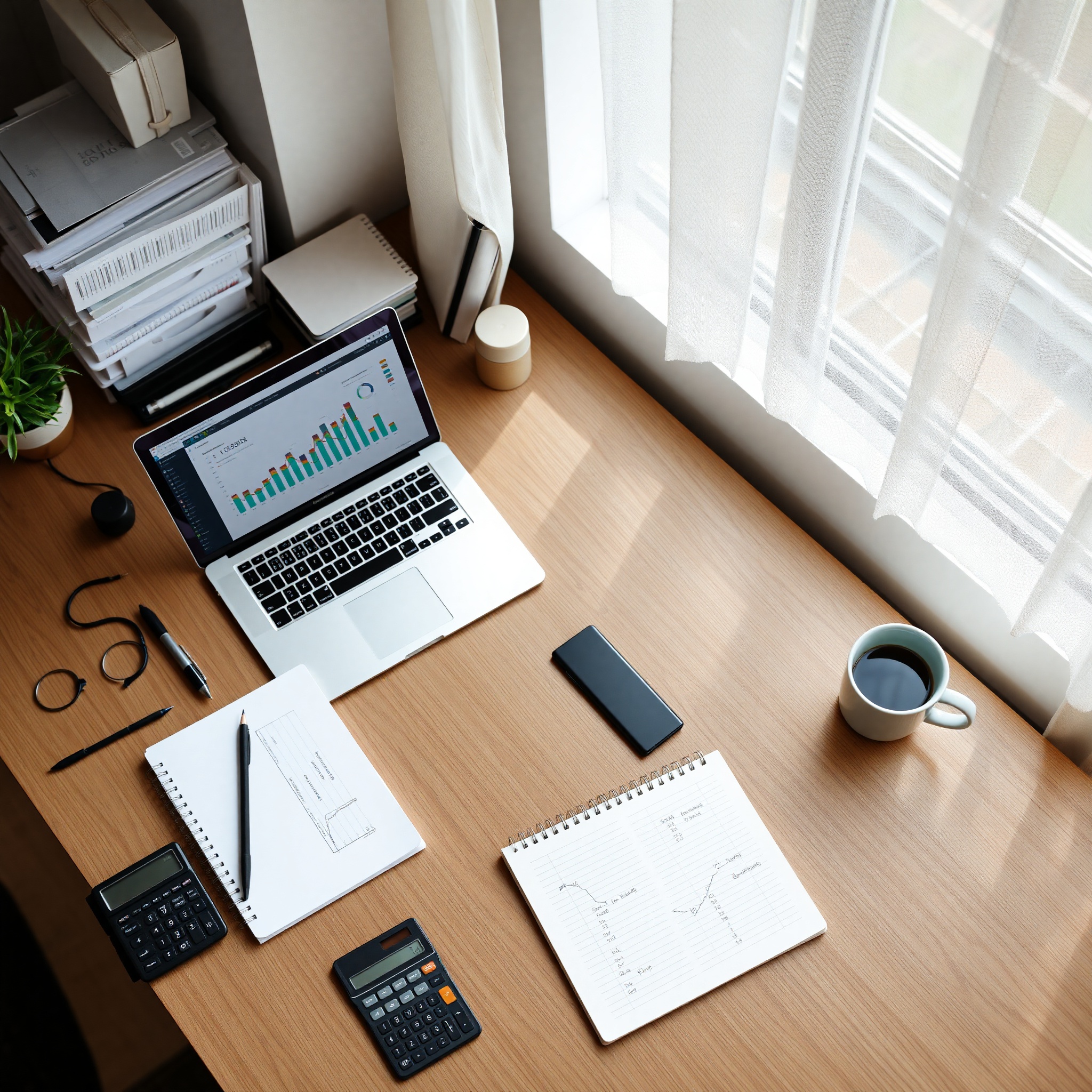 Professional working on multiple projects at organized workspace with laptop and documents