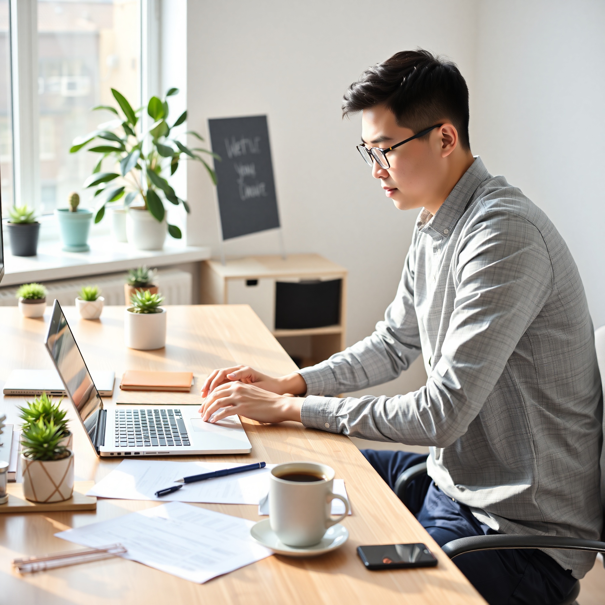 Young entrepreneur launching online business with laptop, notebook and startup planning materials