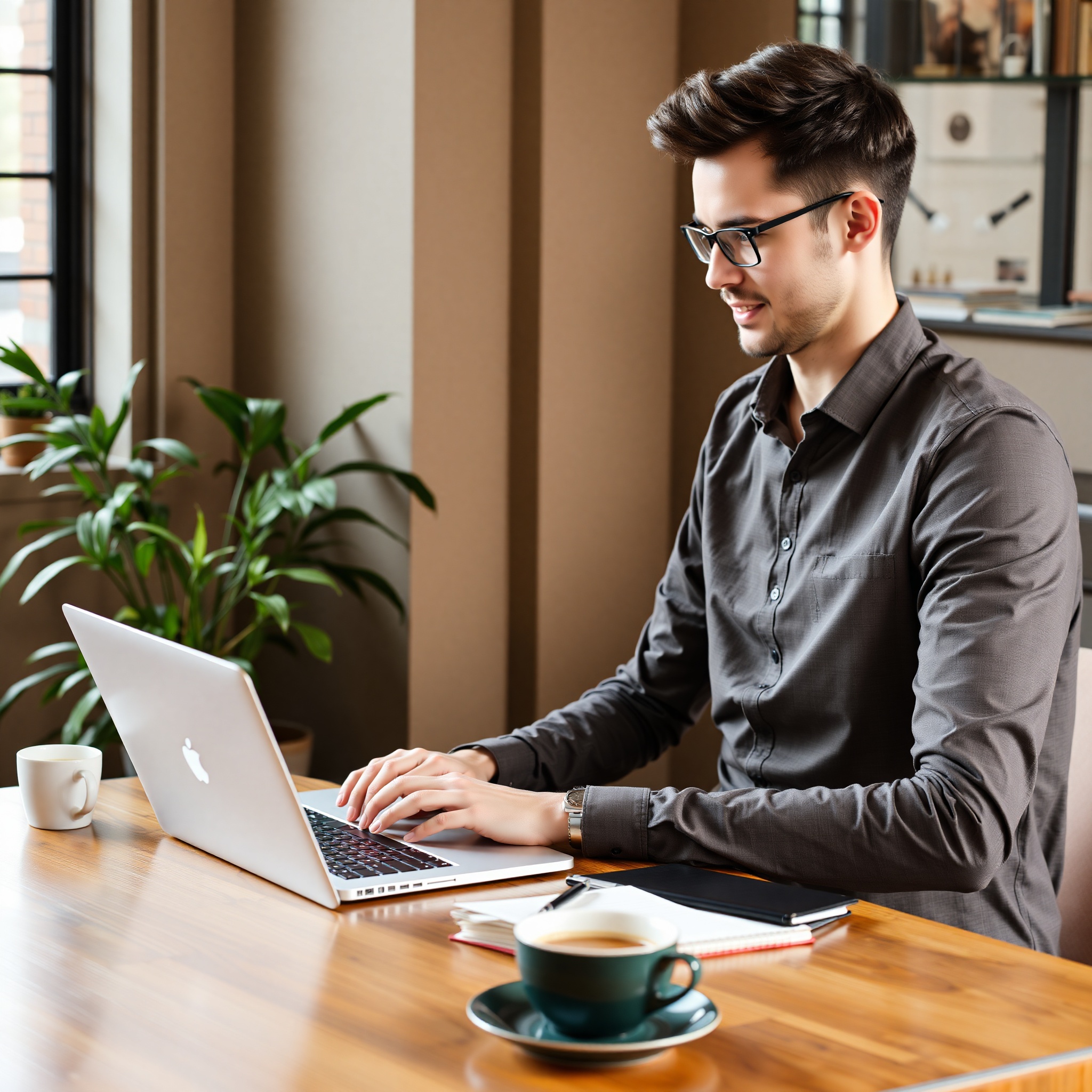 Freelancer working on laptop with coffee, showing remote work setup for side income